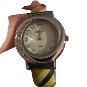 Eclipse Bronze Tone Bangle Cuff Watch‎ Rainbow Stripe Band Rhinestone Accents